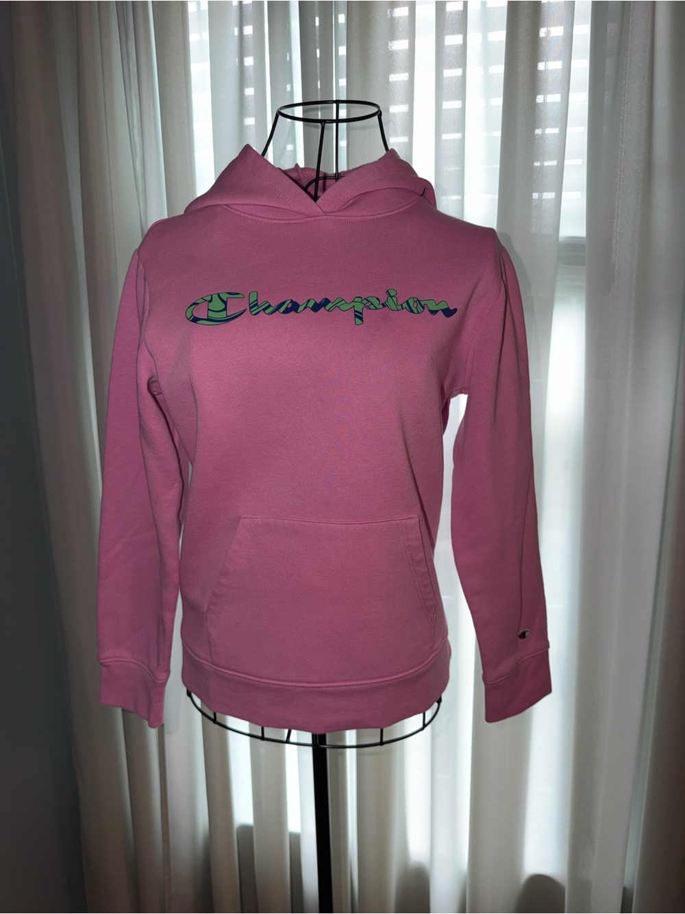 Champion Pink Hoodie Girls Youth Large (14) Green Blue Script Logo Sweatshirt
